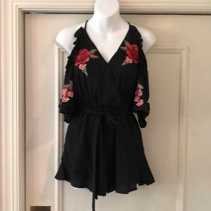 Black embroidered cold shoulder romper sz S
